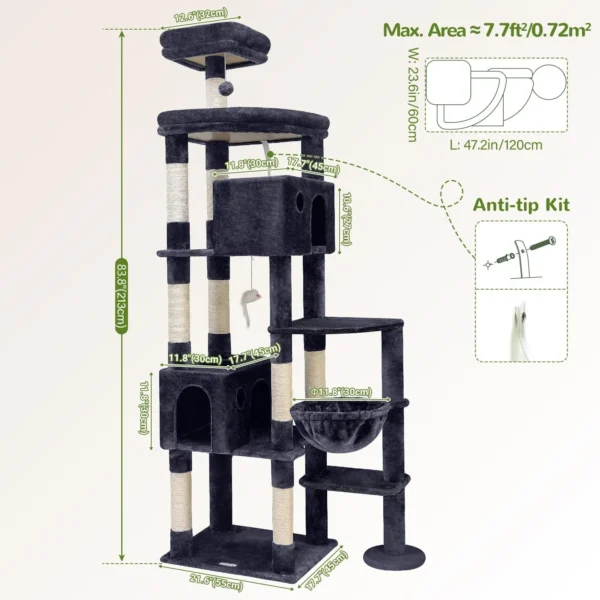 Globlazer XXL Cat Tree for Large Cats – 83” Heavy Duty Indoor Tower with Condos, Perches & Scratching Posts