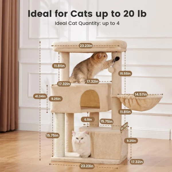 Gardner Pet Cat Tree for Large Cats – 41” Heavy Duty Cat Tower with Hammock, Condo & Washable Perch