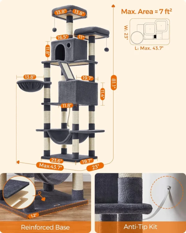 Feandrea Cat Tree for Large Cats, 81.1-Inch Large Cat Tower