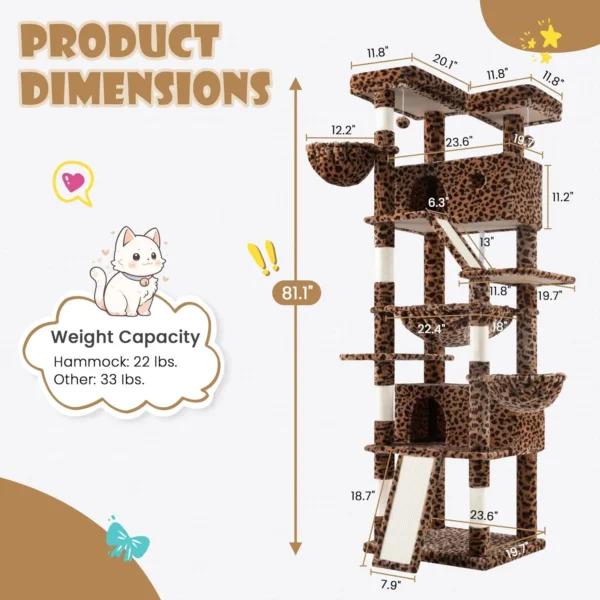 SHA CERLIN Cat Tree for Large Cats – 81” Multi-Level Cat Tower with Hammock, Perches & Scratching Posts
