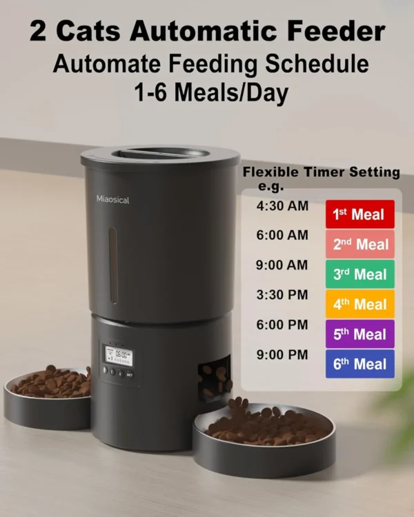Miaosical Automatic Cat Feeder Dual Bowl – 4.2L Timed & Portion Control Feeder (Black)