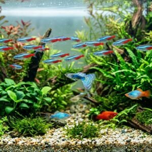 Vibrant tropical freshwater community aquarium with neon tetras and live aquatic plants