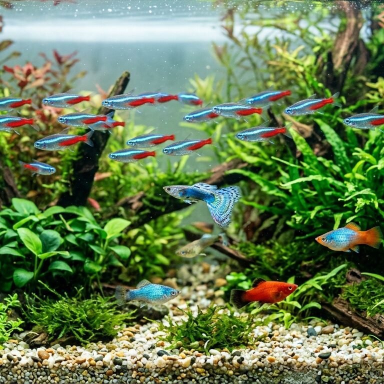 Vibrant tropical freshwater community aquarium with neon tetras and live aquatic plants