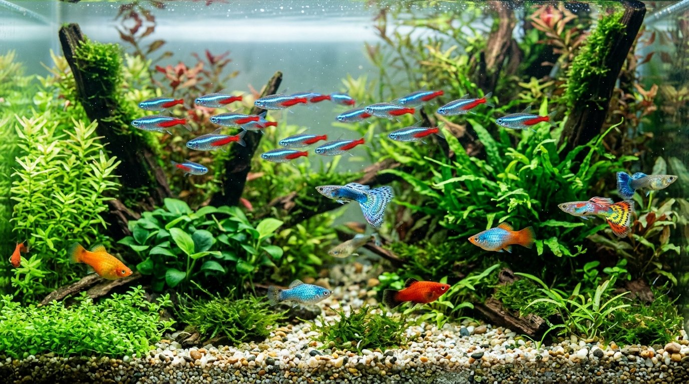 Vibrant tropical freshwater community aquarium with neon tetras and live aquatic plants