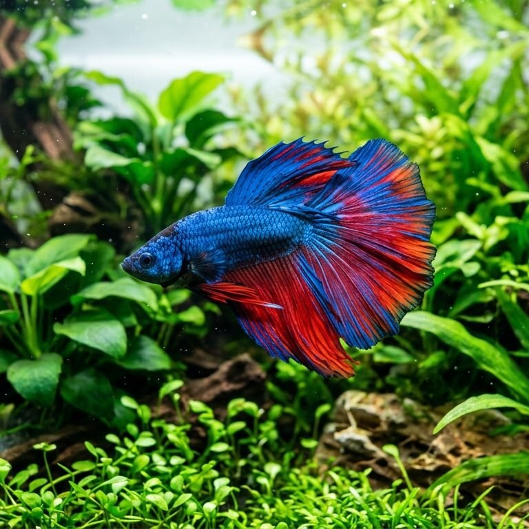 Vibrant blue and red halfmoon betta fish swimming in a planted aquarium