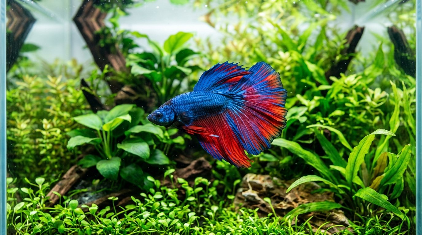 Vibrant blue and red halfmoon betta fish swimming in a planted aquarium