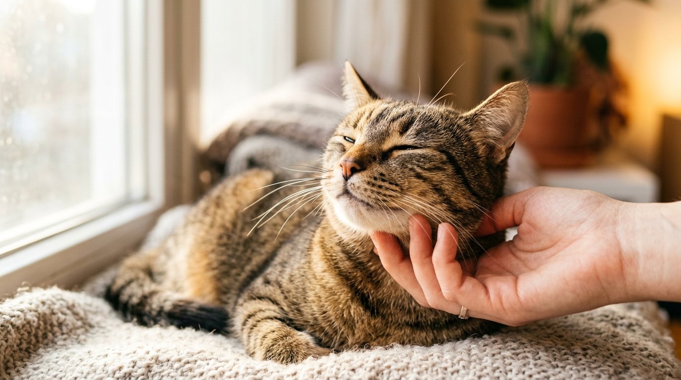 A cat purring contentedly while receiving chin scratches from human companion