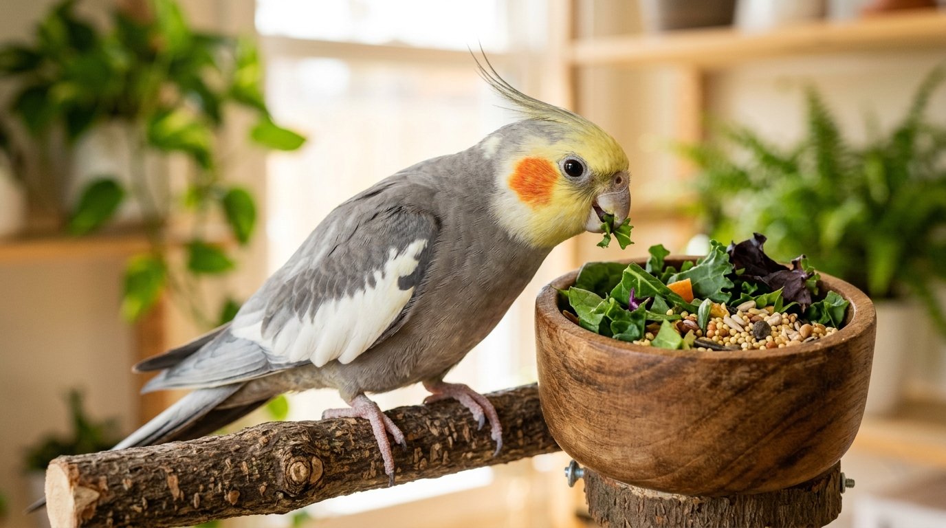 Pet cockatiel bird eating safe fresh vegetables and grains from a feeding dish