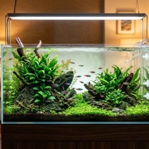 Planted freshwater aquarium with crystal clear water and testing kit during nitrogen cycling