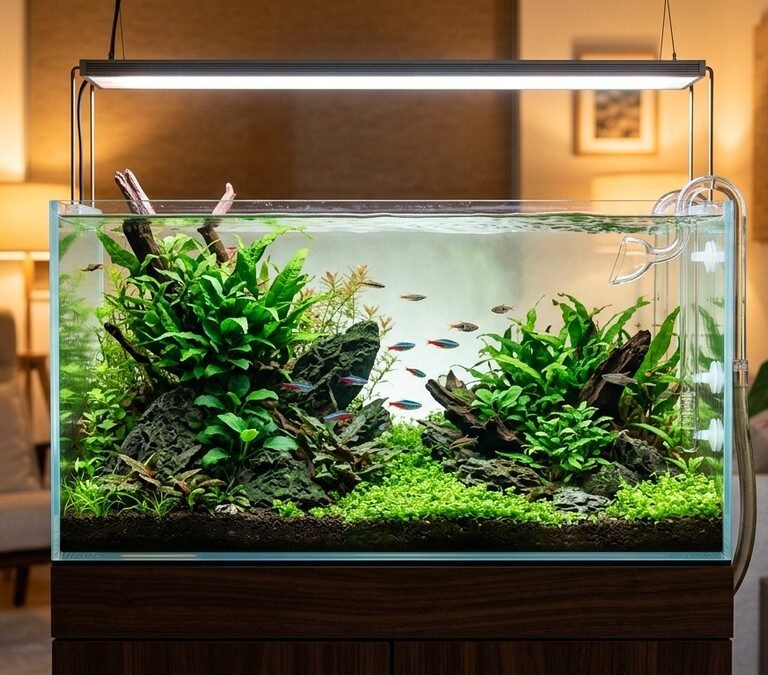 Planted freshwater aquarium with crystal clear water and testing kit during nitrogen cycling
