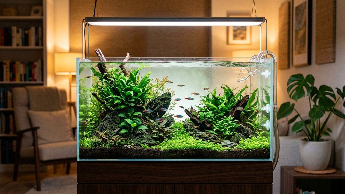 Planted freshwater aquarium with crystal clear water and testing kit during nitrogen cycling