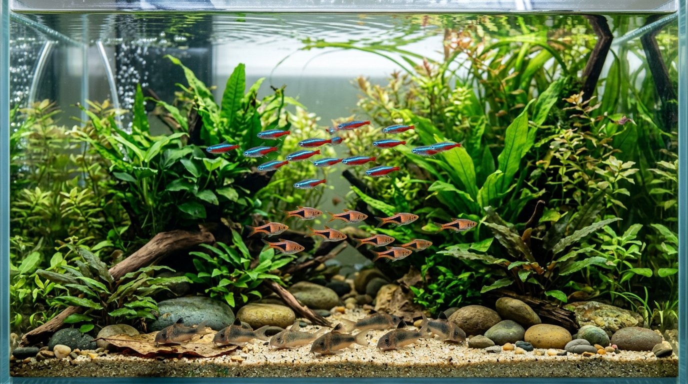 Peaceful school of neon tetras, harlequin rasboras, and corydoras in a planted freshwater aquarium