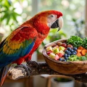 Colorful pet macaw parrot perched beside a wooden bowl of fresh safe fruits and greens