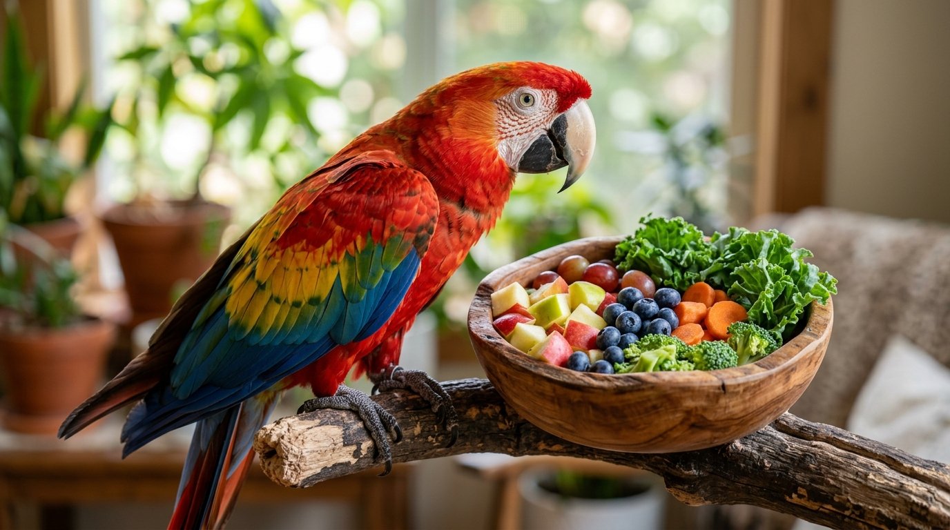 Colorful pet macaw parrot perched beside a wooden bowl of fresh safe fruits and greens