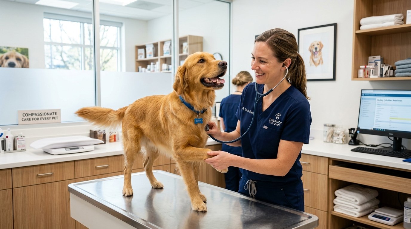 Veterinarian examining a healthy dog in a veterinary clinic