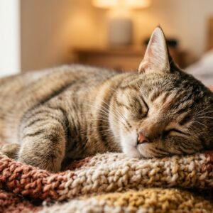 Close up portrait of a sleeping cat resting contentedly on a blanket