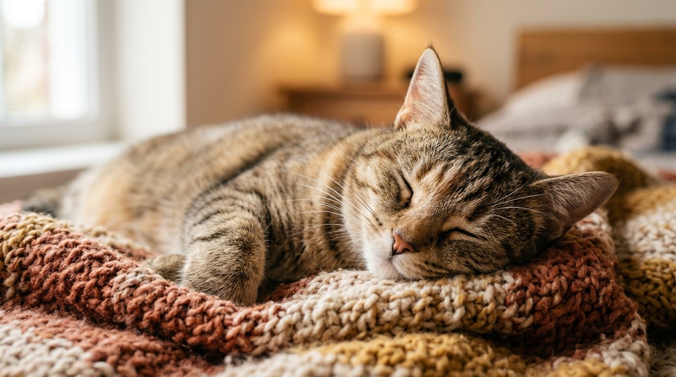 Close up portrait of a sleeping cat resting contentedly on a blanket