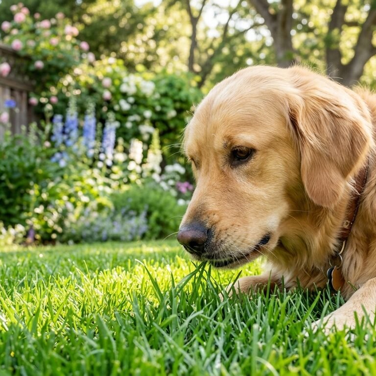 A golden retriever dog gently nibbling fresh green grass in a garden