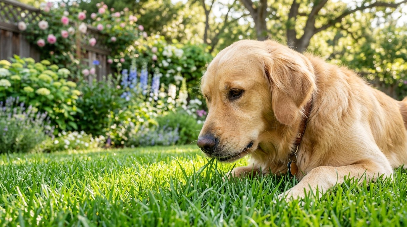 A golden retriever dog gently nibbling fresh green grass in a garden