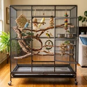 Spacious wrought iron pet bird flight cage with natural wood perches and toys in bright room