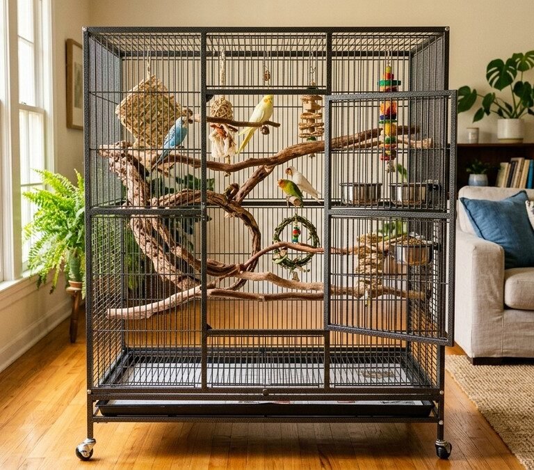 Spacious wrought iron pet bird flight cage with natural wood perches and toys in bright room