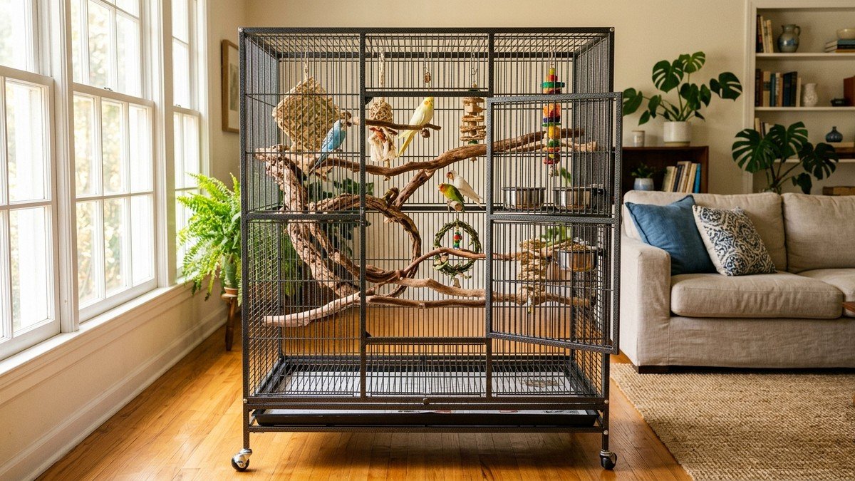 Spacious wrought iron pet bird flight cage with natural wood perches and toys in bright room