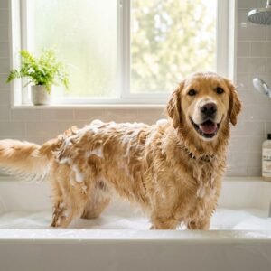 Happy golden retriever in a modern bathroom tub being washed with gentle dog shampoo