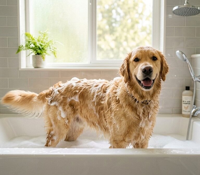 Happy golden retriever in a modern bathroom tub being washed with gentle dog shampoo