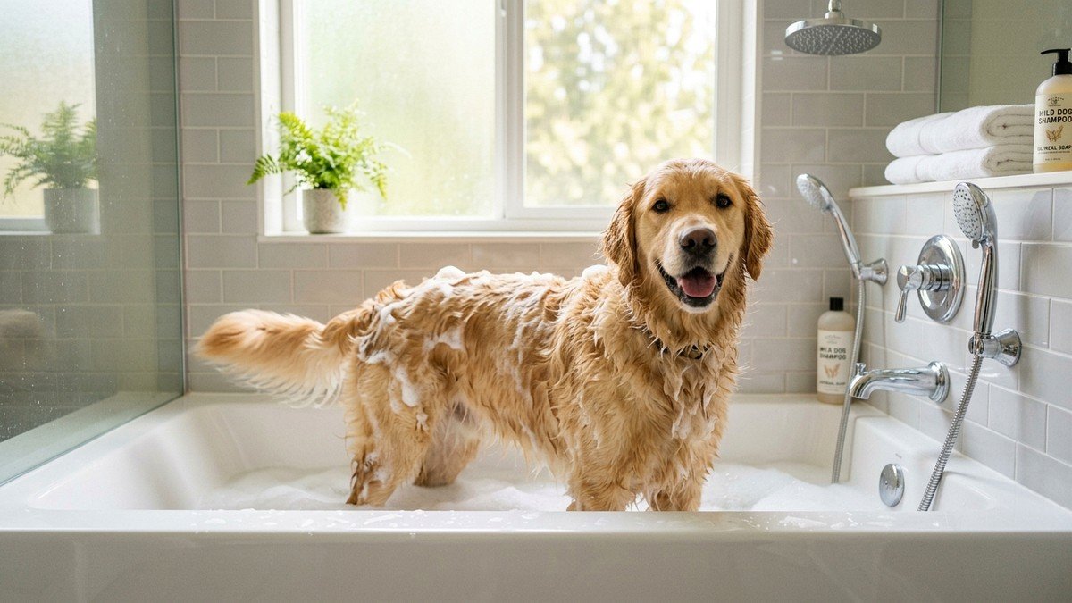 Happy golden retriever in a modern bathroom tub being washed with gentle dog shampoo