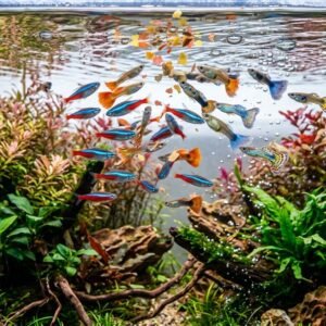School of active neon tetras and freshwater tropical fish eating food flakes at aquarium water surface