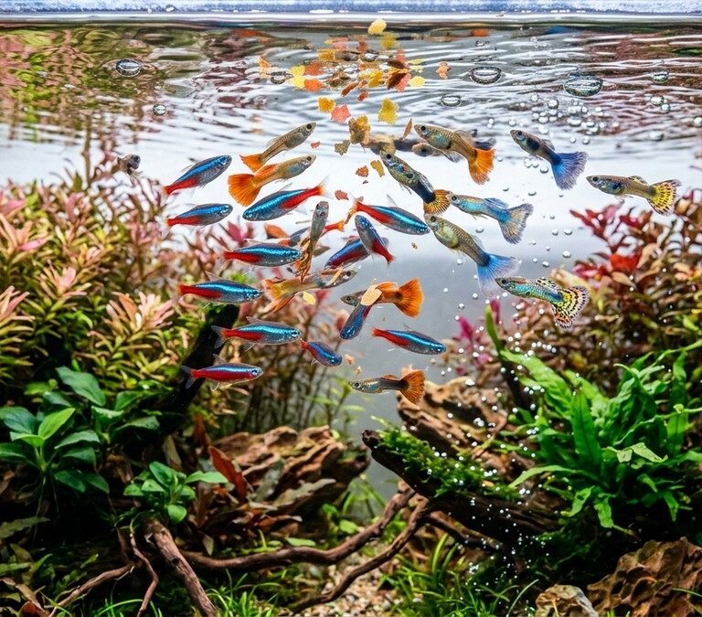 School of active neon tetras and freshwater tropical fish eating food flakes at aquarium water surface