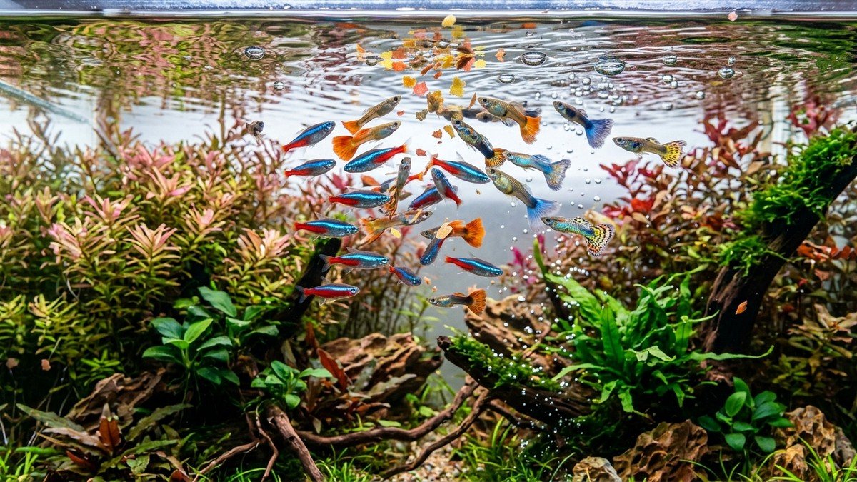 School of active neon tetras and freshwater tropical fish eating food flakes at aquarium water surface