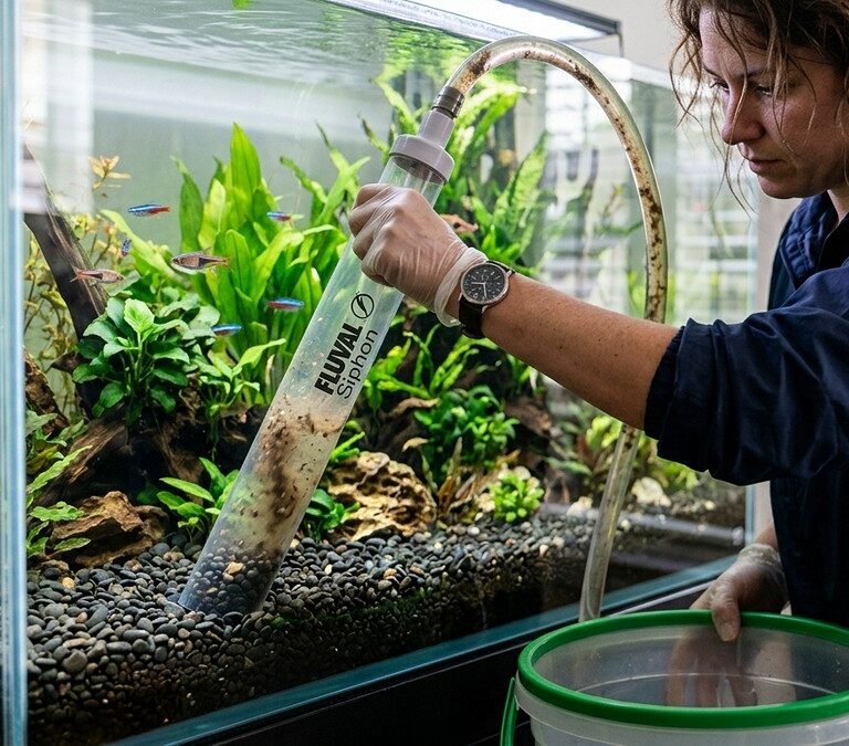 Aquarist using gravel vacuum siphon tube to clean aquarium substrate pebbles during water change