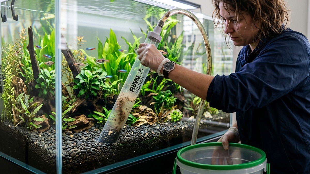 Aquarist using gravel vacuum siphon tube to clean aquarium substrate pebbles during water change