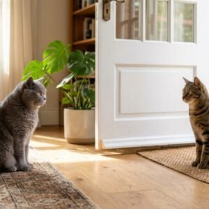 Two domestic cats sitting calmly across from each other observing peacefully near an open door