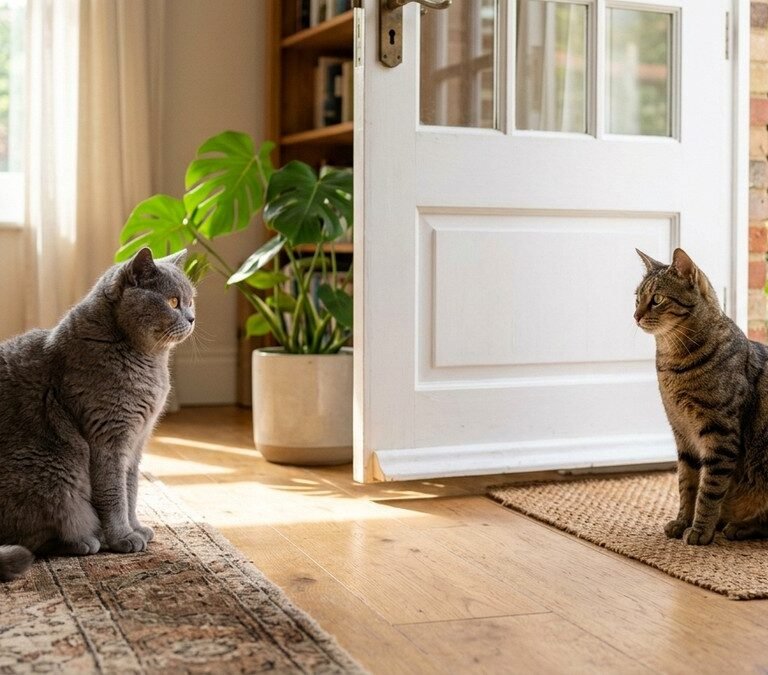 Two domestic cats sitting calmly across from each other observing peacefully near an open door