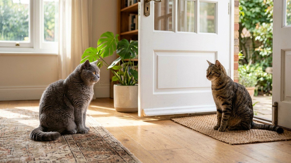 Two domestic cats sitting calmly across from each other observing peacefully near an open door