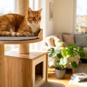 Ginger cat relaxing on top perch of modern wooden cat tree tower in a sunlit room