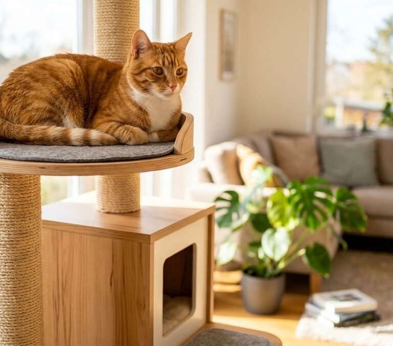 Ginger cat relaxing on top perch of modern wooden cat tree tower in a sunlit room