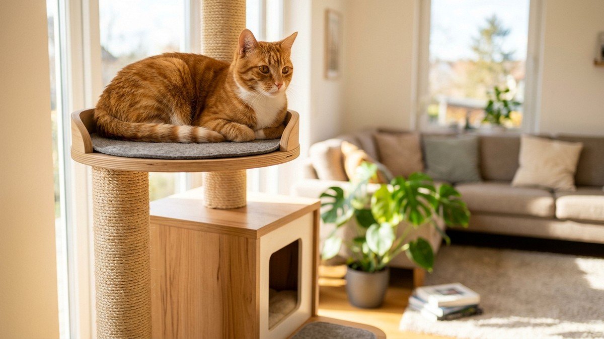 Ginger cat relaxing on top perch of modern wooden cat tree tower in a sunlit room