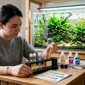 Aquarist testing aquarium water chemistry with liquid test tubes in front of clean planted fish tank
