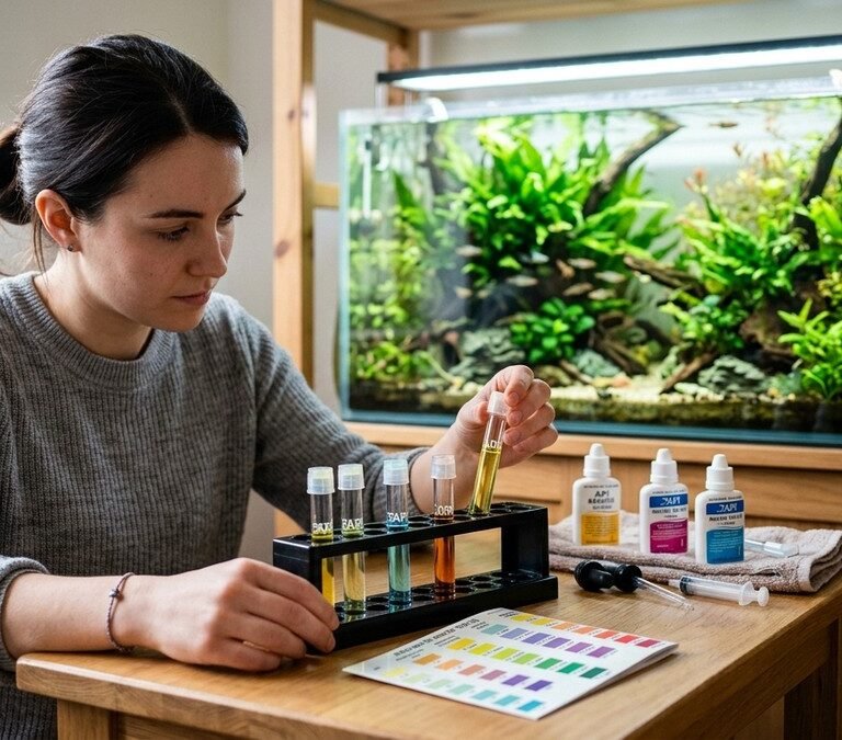 Aquarist testing aquarium water chemistry with liquid test tubes in front of clean planted fish tank