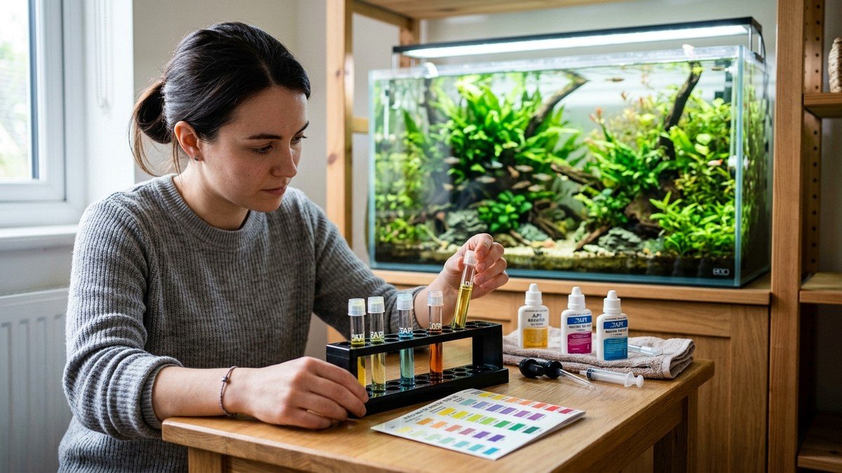 Aquarist testing aquarium water chemistry with liquid test tubes in front of clean planted fish tank