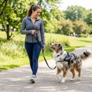 Australian shepherd dog walking nicely on a loose leash beside its owner in a sunny park