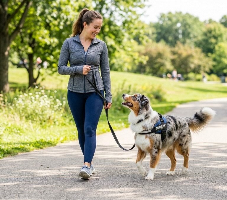 Australian shepherd dog walking nicely on a loose leash beside its owner in a sunny park