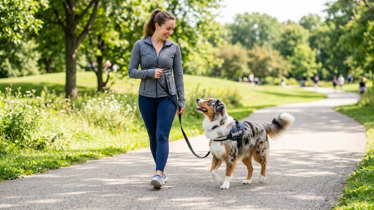 Australian shepherd dog walking nicely on a loose leash beside its owner in a sunny park