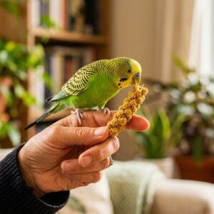 Pet green budgie parakeet perched gently on a person finger eating golden spray millet