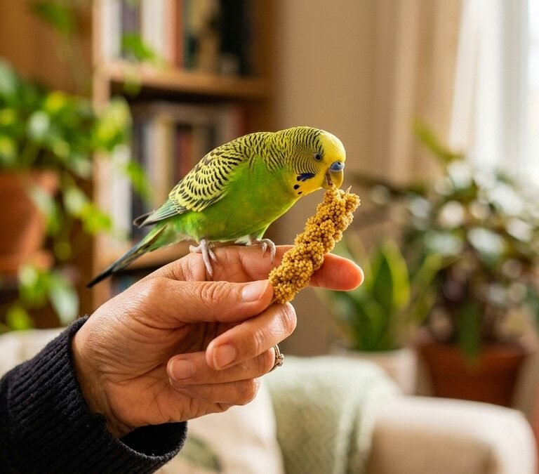 Pet green budgie parakeet perched gently on a person finger eating golden spray millet