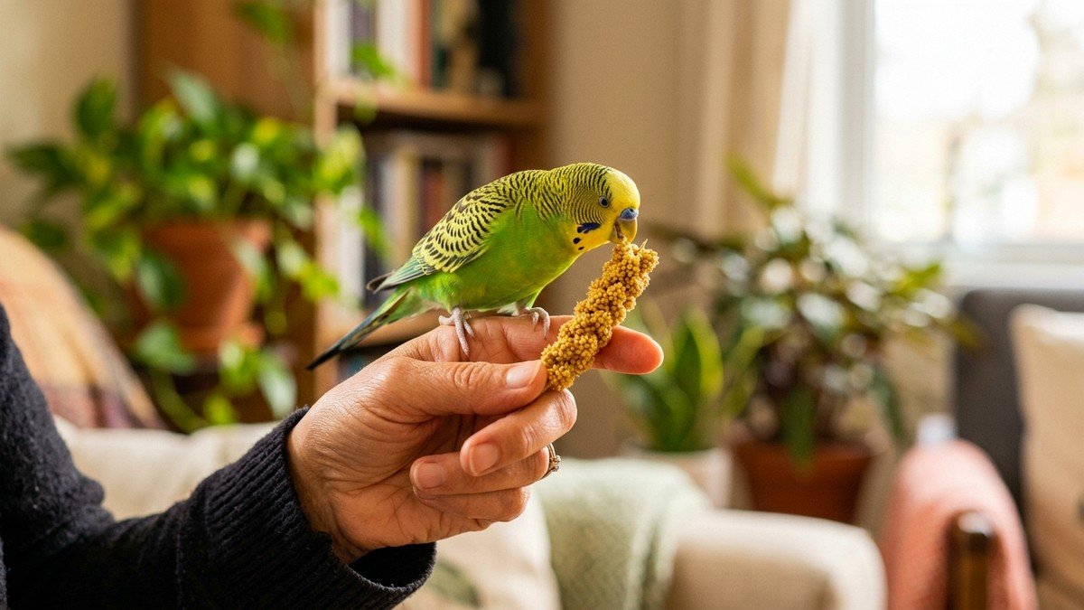 Pet green budgie parakeet perched gently on a person finger eating golden spray millet