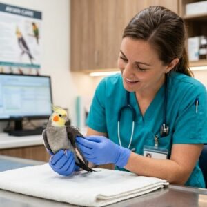 Avian veterinarian examining a perched cockatiel pet bird in a clean clinical exam room